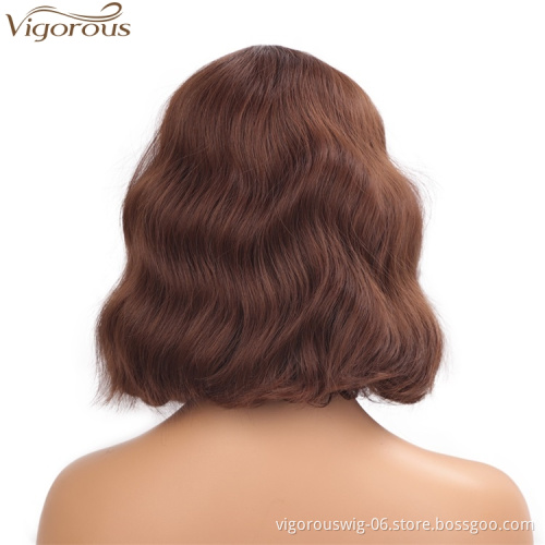 Vigorous Synthetic Brown Highlights Wigs with Hair Bangs Short Wavy Curly Wig for Women Heat Resistant Wig for Daily Wear